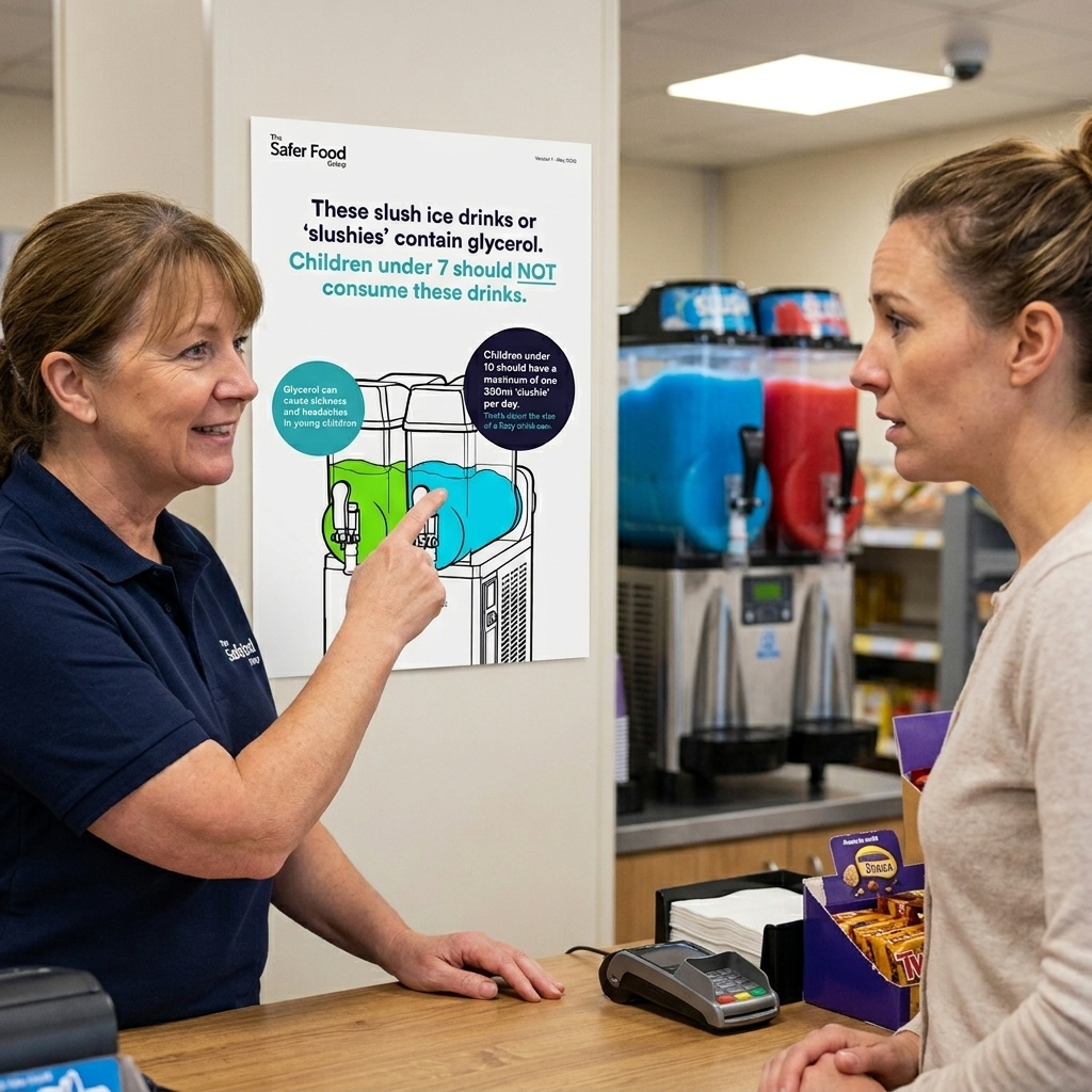 Staff member referring to the glycerol slush poster while serving a parent at the counter.